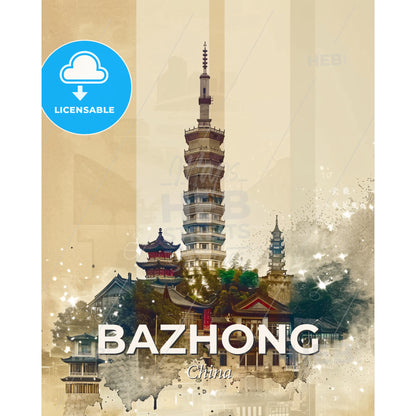 Bazhong: Cityscape Art with Local Soul - A building with a tall tower - Square format print template