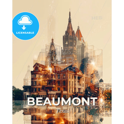 Beaumont Skyline Composite Art - Bright Beige Paper Background - A building with a tower and a body of water - Square format print template