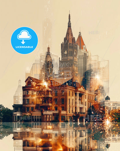 Beaumont Skyline Composite Art - Bright Beige Paper Background - A building with a tower and a body of water