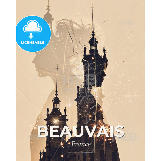 Beauvais Skyline Composite Art Poster - A silhouette of a woman and a building - Square format print template