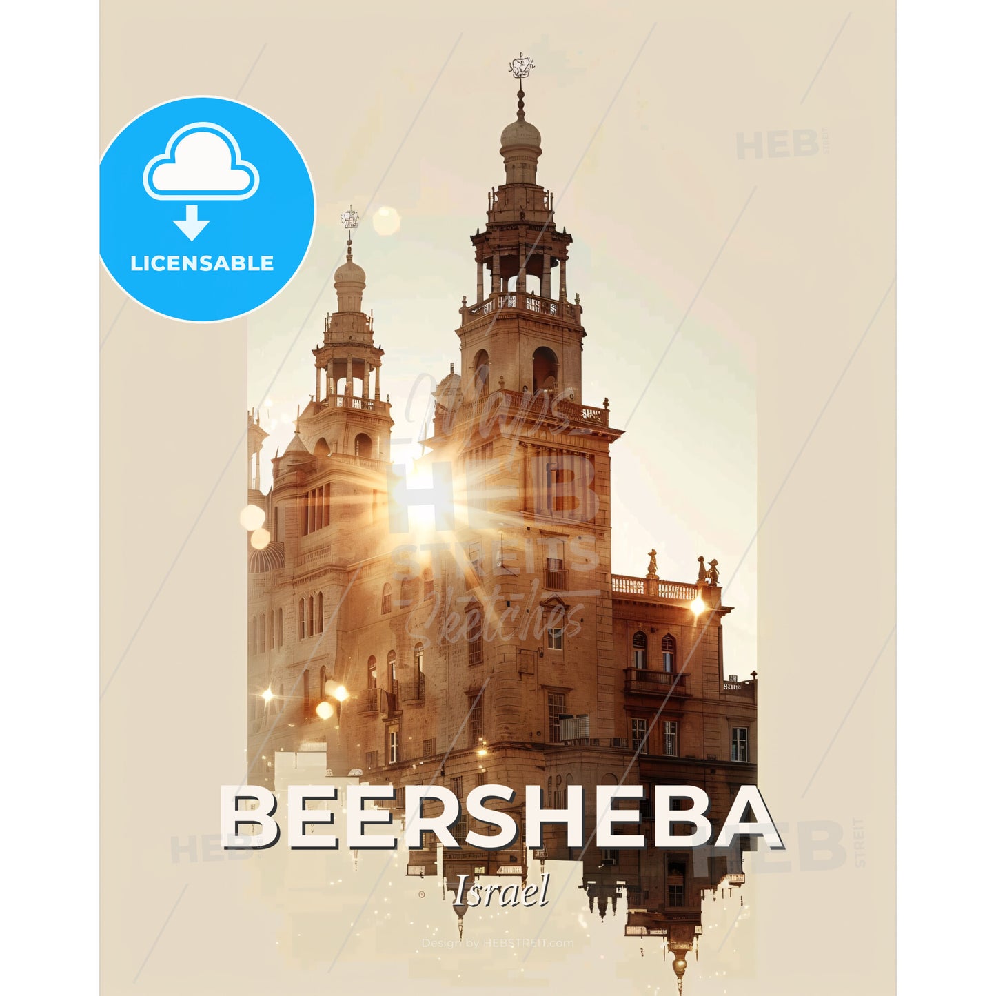 Beersheba: Desert City by Night - A building with a tower and a tower with a sun shining through it - Square format print template