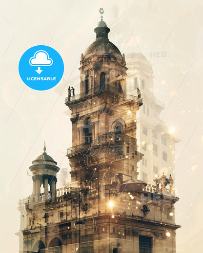 Beersheba Skyline Double Exposure Art - A large building with a tower