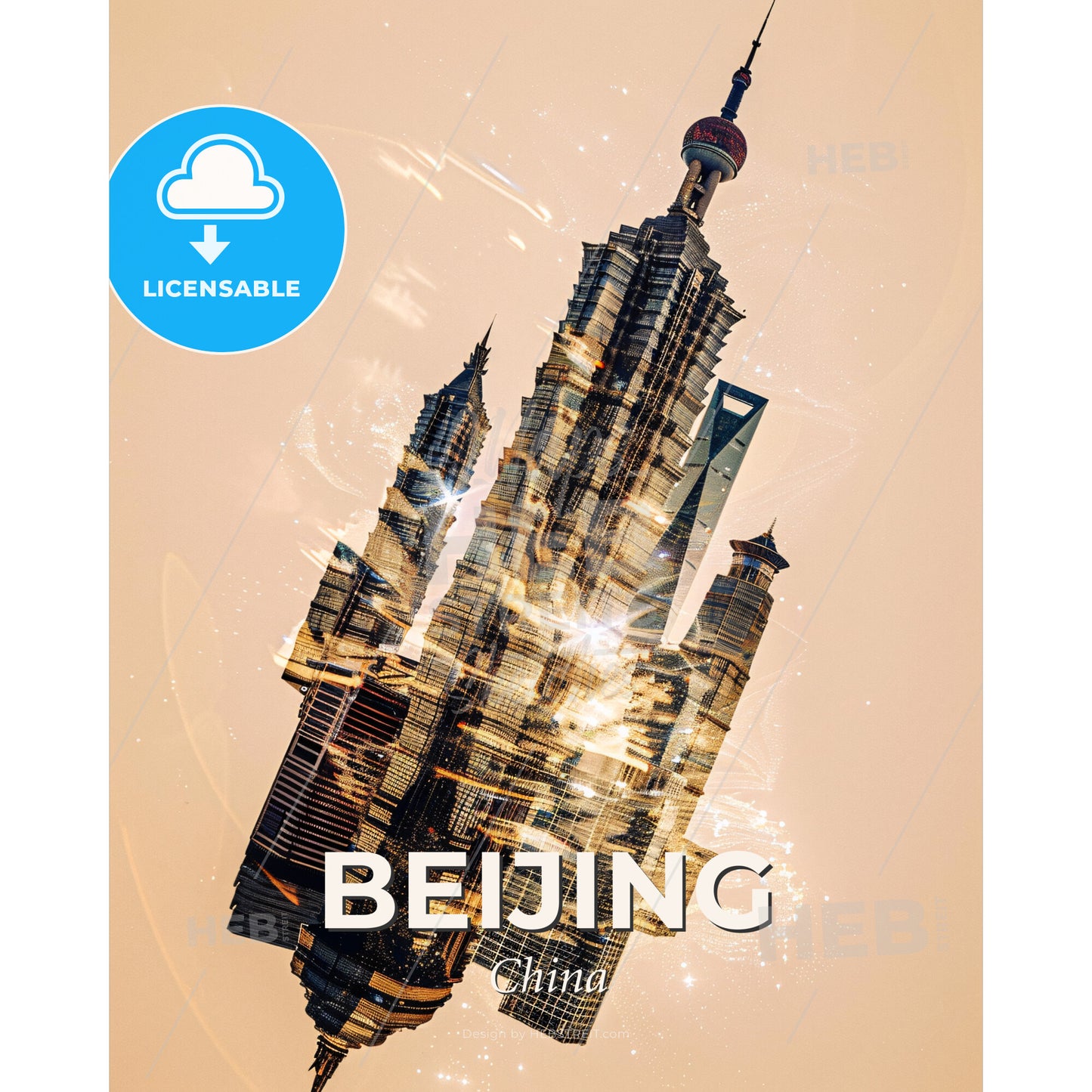 Beijing Skyline Art Composite Poster - A tall building with a ball on top - Square format print template