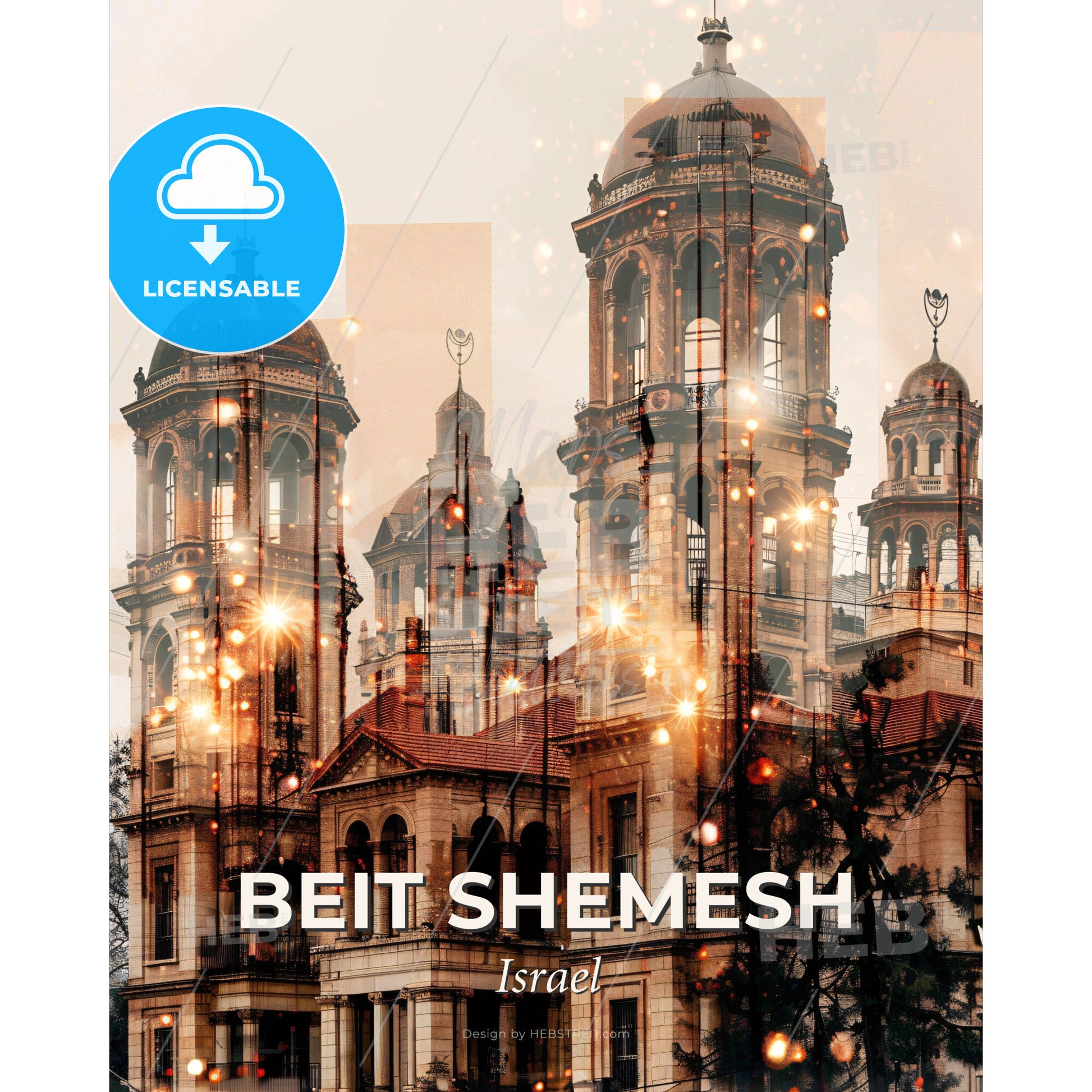 Beit Shemesh Skyline Double Exposure Art Poster - A building with towers and a tree - Square format print template