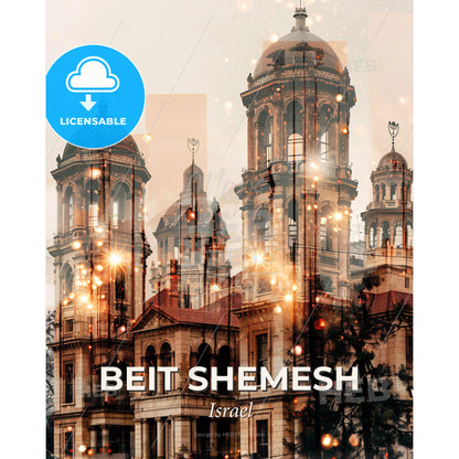 Beit Shemesh Skyline Double Exposure Art Poster - A building with towers and a tree - Square format print template