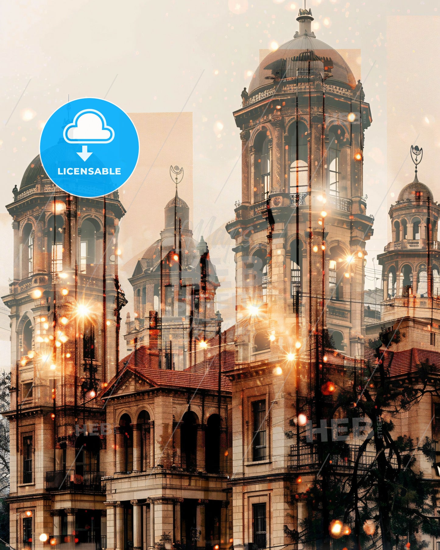 Beit Shemesh Skyline Double Exposure Art Poster - A building with towers and a tree