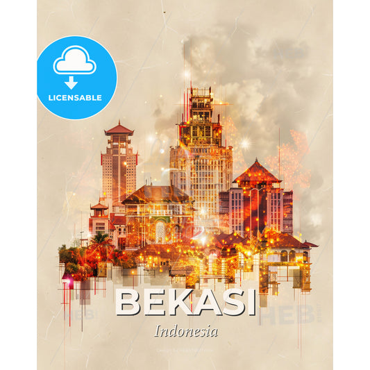 Bekasi: Skyline in Double Exposure - A city skyline with buildings and fireworks - Square format print template