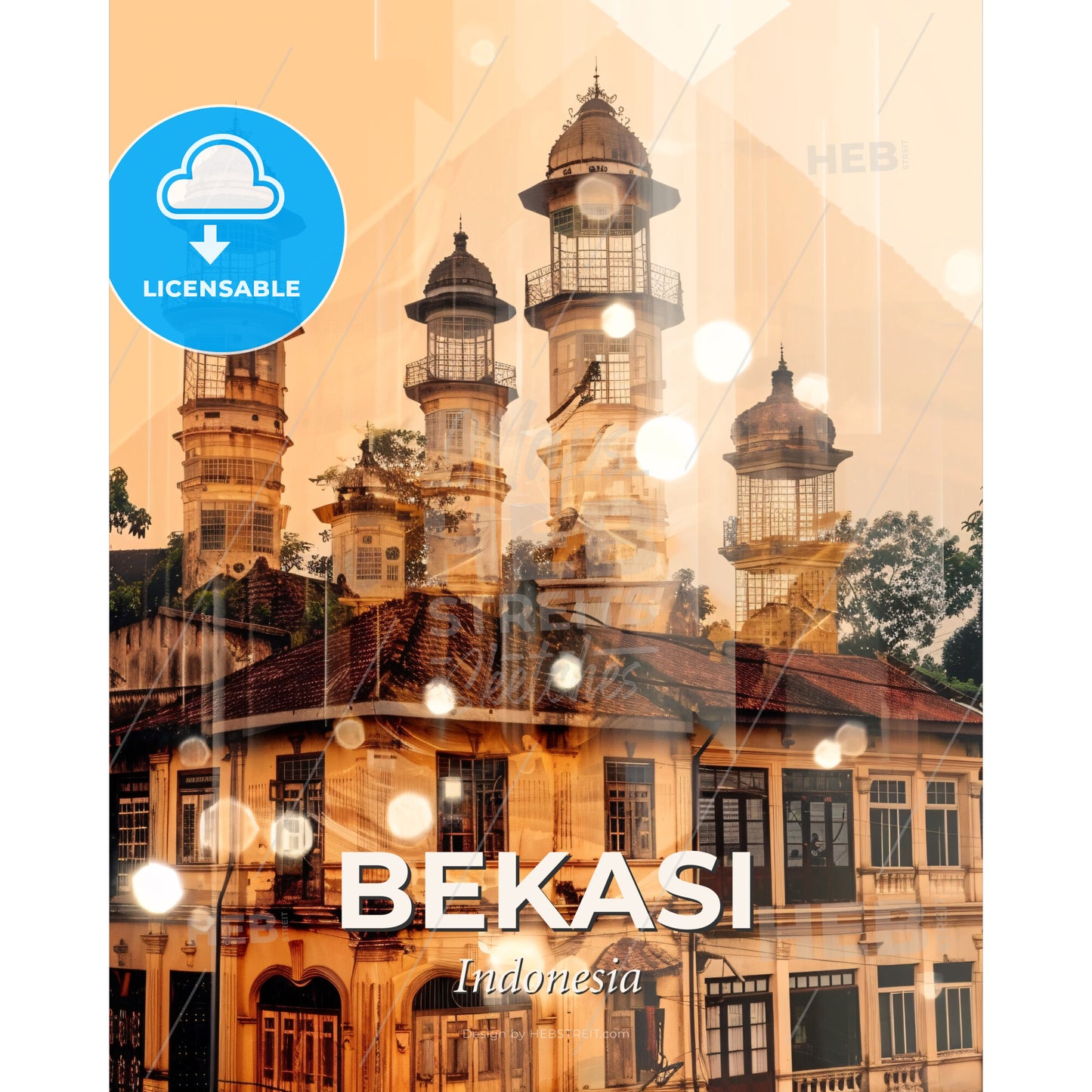 Bekasi Skyline Double Exposure Art Poster - A building with towers and trees - Square format print template