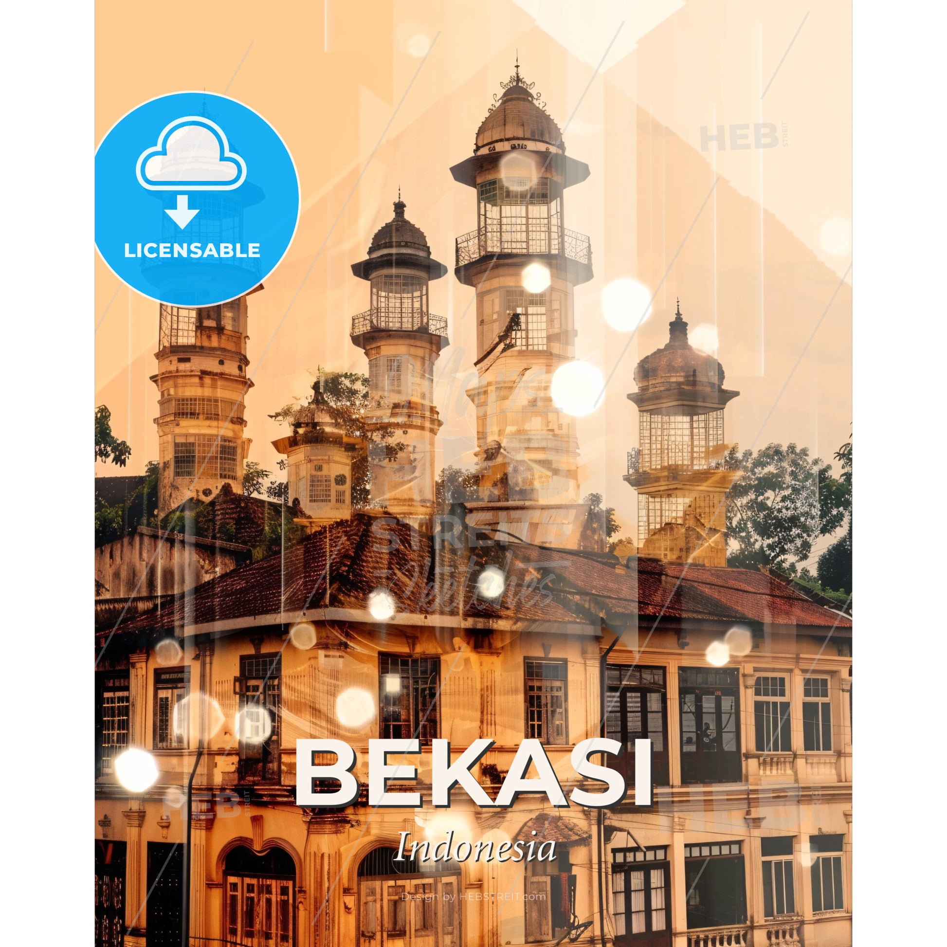 Bekasi Skyline Double Exposure Art Poster - A building with towers and trees - Square format print template