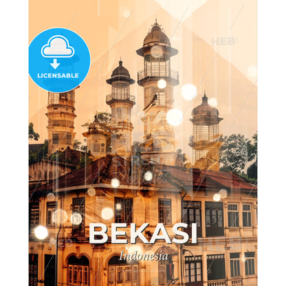 Bekasi Skyline Double Exposure Art Poster - A building with towers and trees - Square format print template