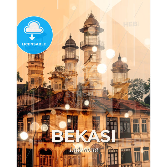 Bekasi Skyline Double Exposure Art Poster - A building with towers and trees - Square format print template