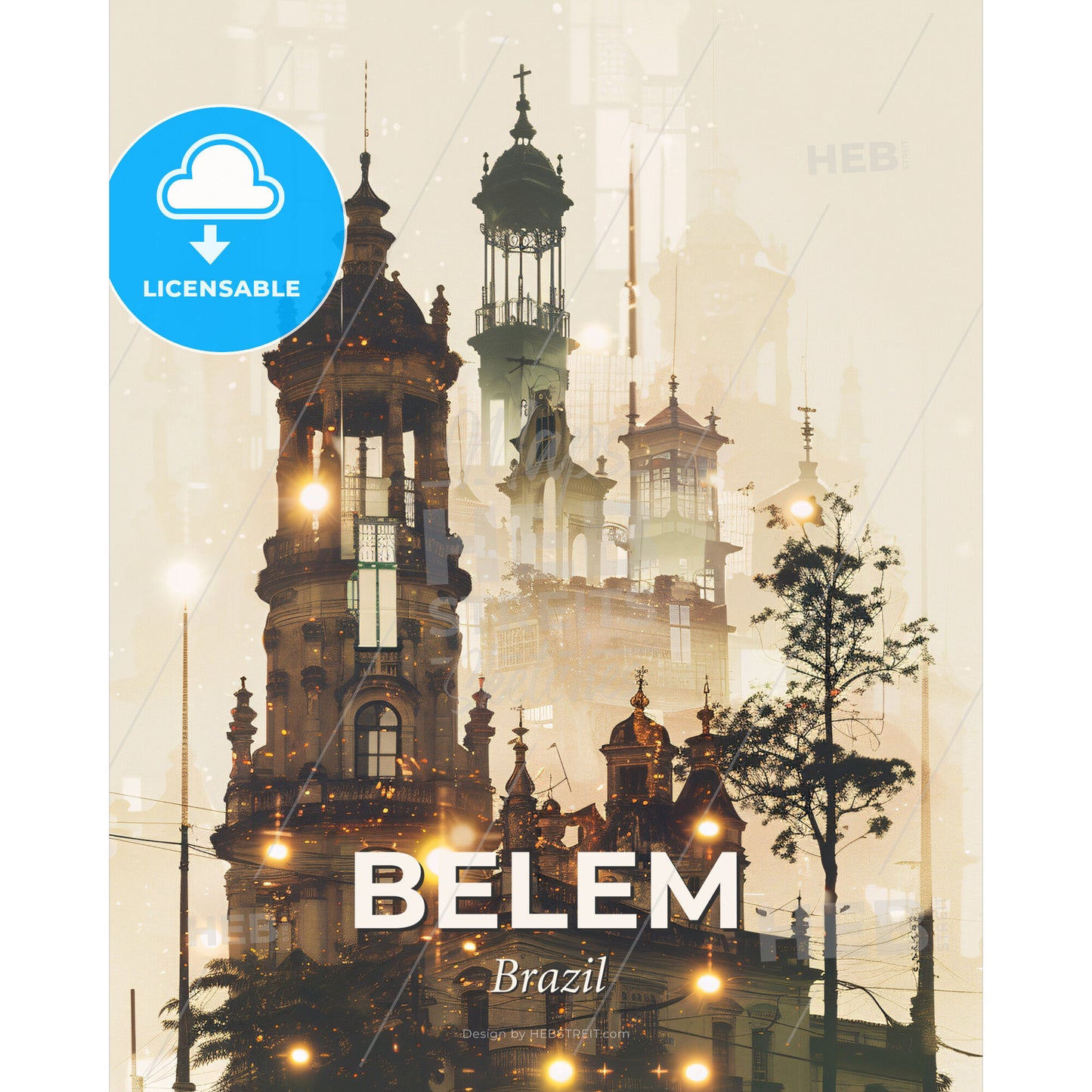 Belem Double Exposure City Art Skyline Vibrant Poster - A building with towers and trees - Square format print template