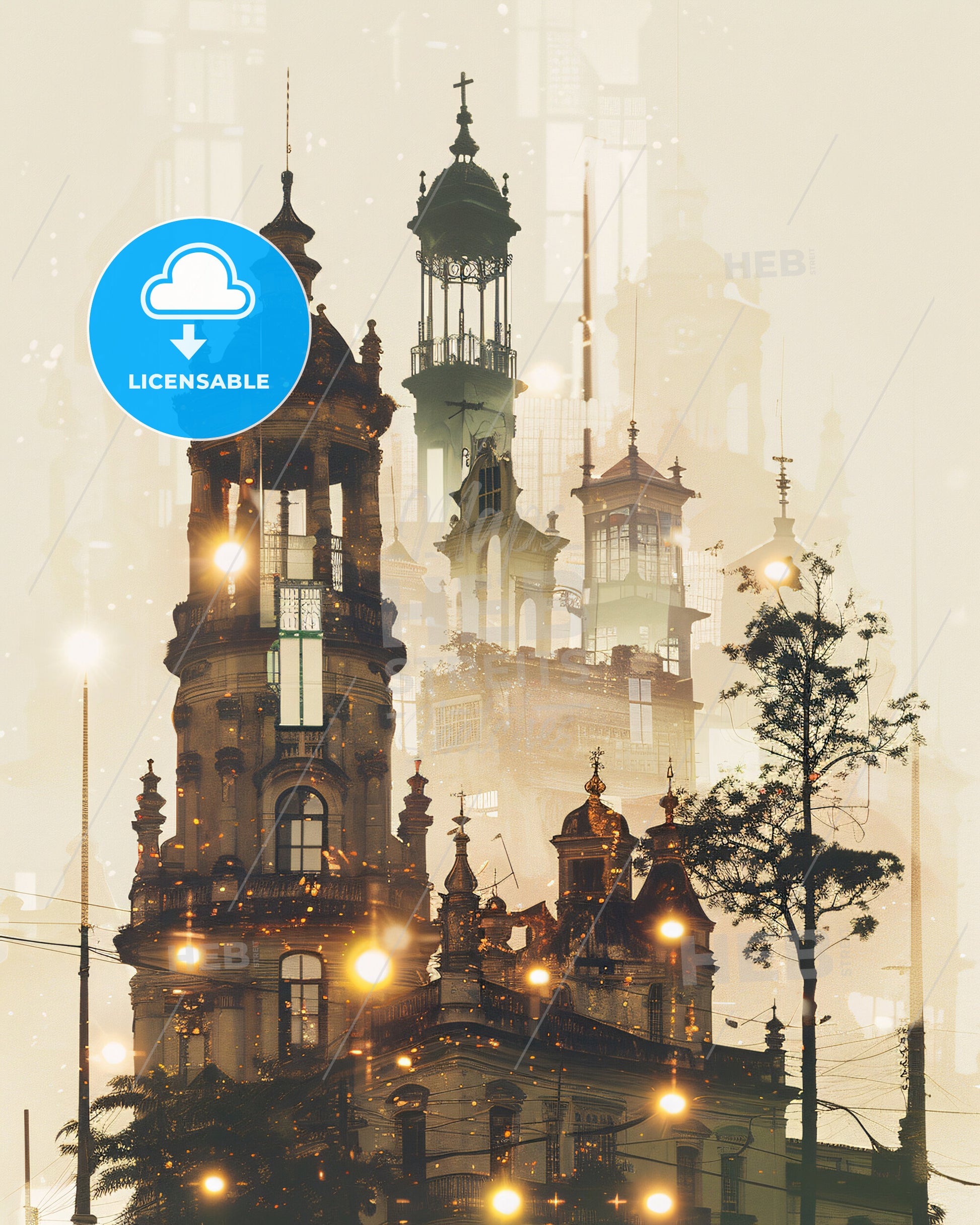 Belem Double Exposure City Art Skyline Vibrant Poster - A building with towers and trees
