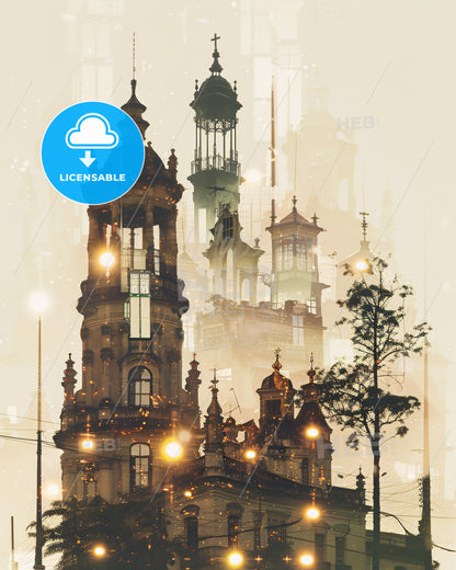 Belem Double Exposure City Art Skyline Vibrant Poster - A building with towers and trees