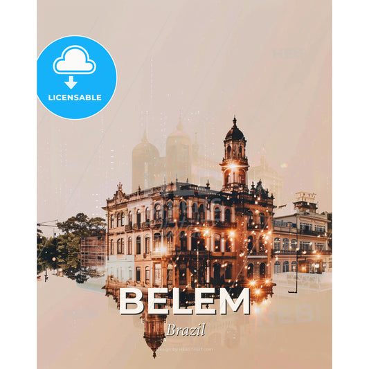 Belem City Skyline Local Icons Composite Artwork Poster - A building with lights reflecting in water - Square format print template