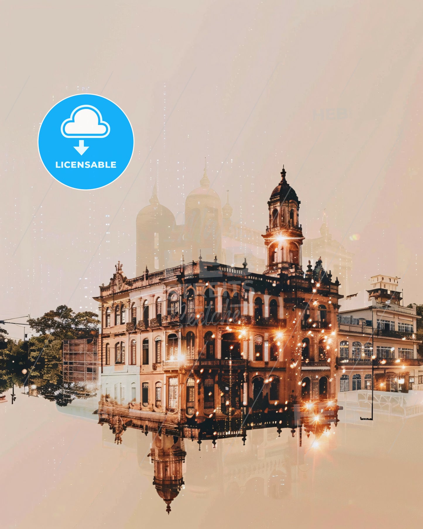 Belem City Skyline Local Icons Composite Artwork Poster - A building with lights reflecting in water