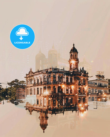 Belem City Skyline Local Icons Composite Artwork Poster - A building with lights reflecting in water