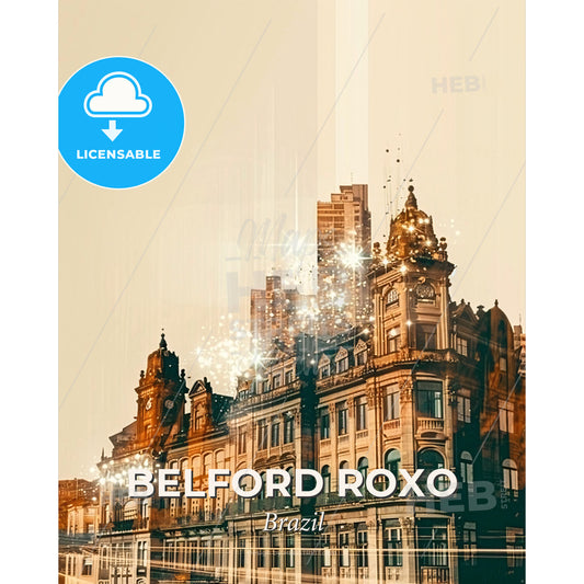 Belford Roxo: Double Exposure Skyline Poster - A building with many windows and a clock on top - Square format print template