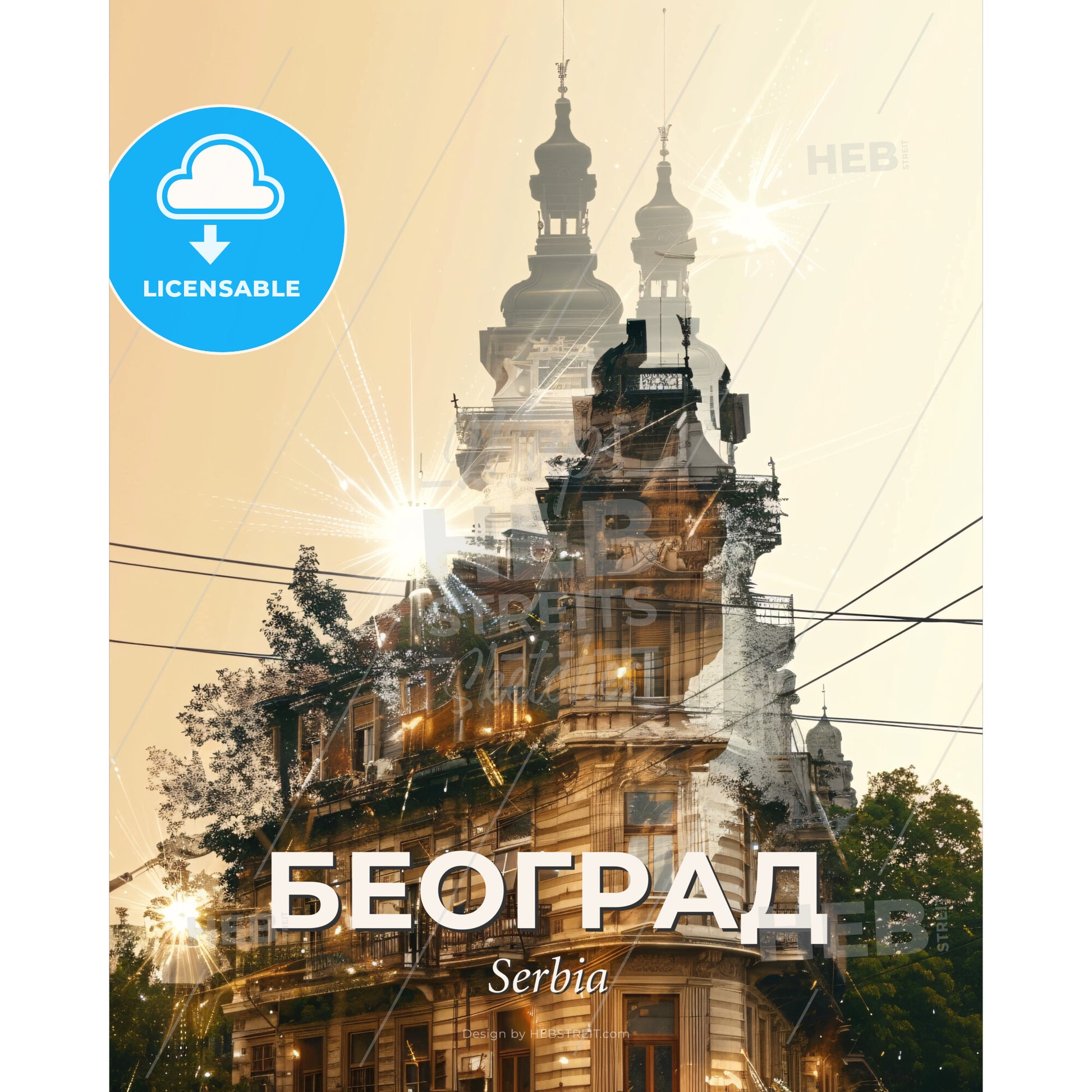 Belgrade Serbia Cityscape Composite Art Skyline Poster - A building with a tower and trees - Square format print template