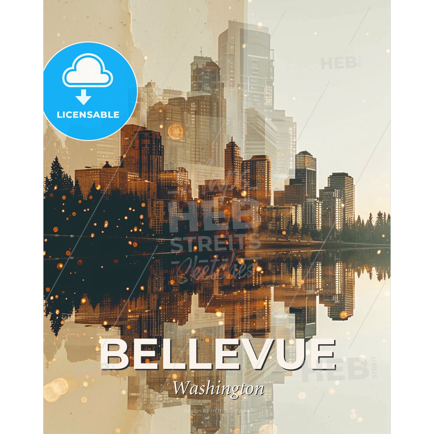 Bellevue Skyline Panorama Art Composite Beige Background - A city with trees and water - Square format print template