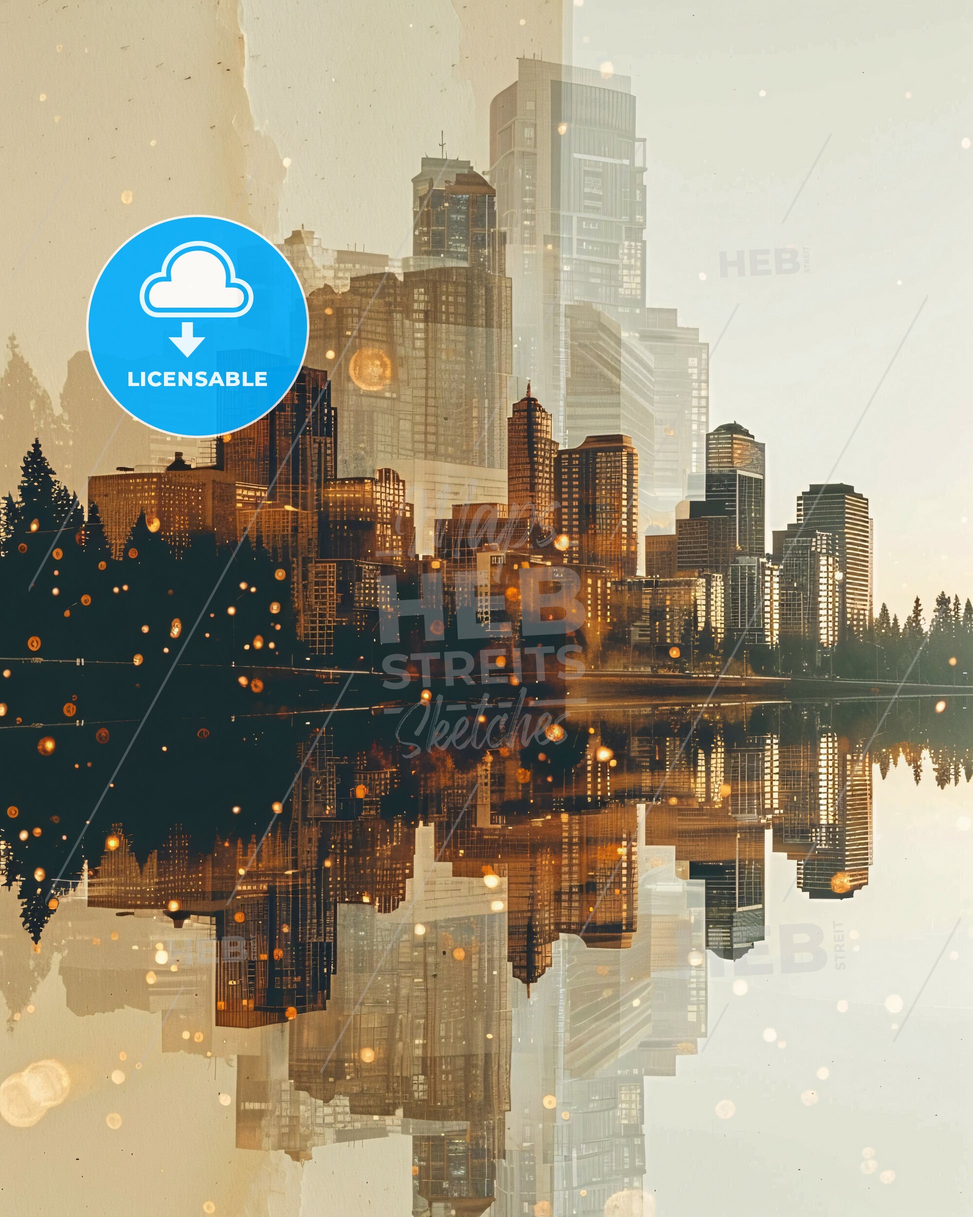 Bellevue Skyline Panorama Art Composite Beige Background - A city with trees and water