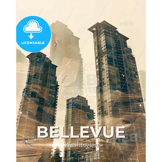 Bellevue City Skyline Composite Poster Art - A group of tall buildings - Square format print template