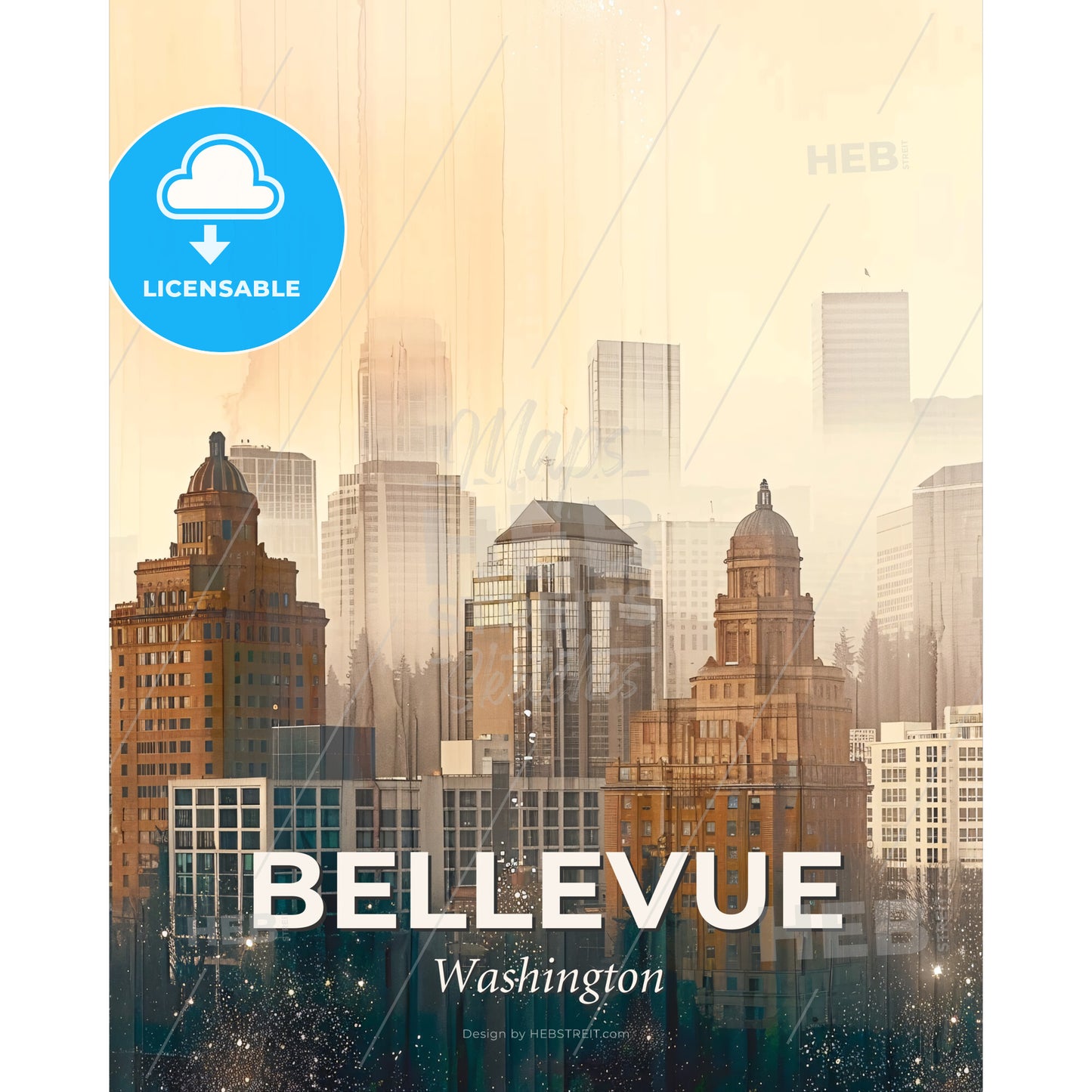 Bellevue City Skyline Abstract Art Poster - A city skyline with many tall buildings - Square format print template