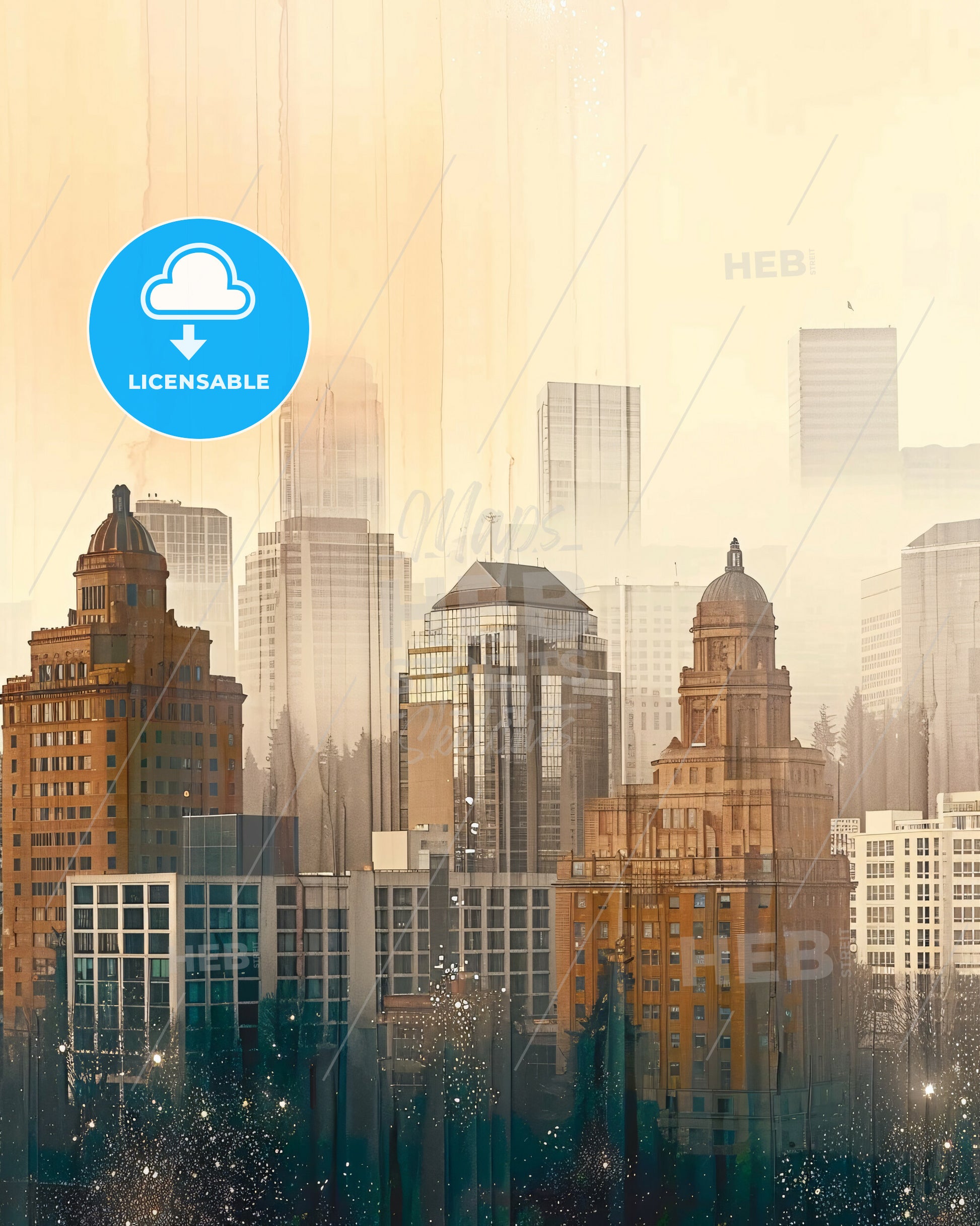 Bellevue City Skyline Abstract Art Poster - A city skyline with many tall buildings