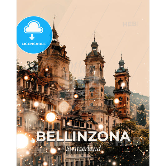 Bellinzona Skyline Architecture City Lights Poster Art - A building with towers and lights - Square format print template