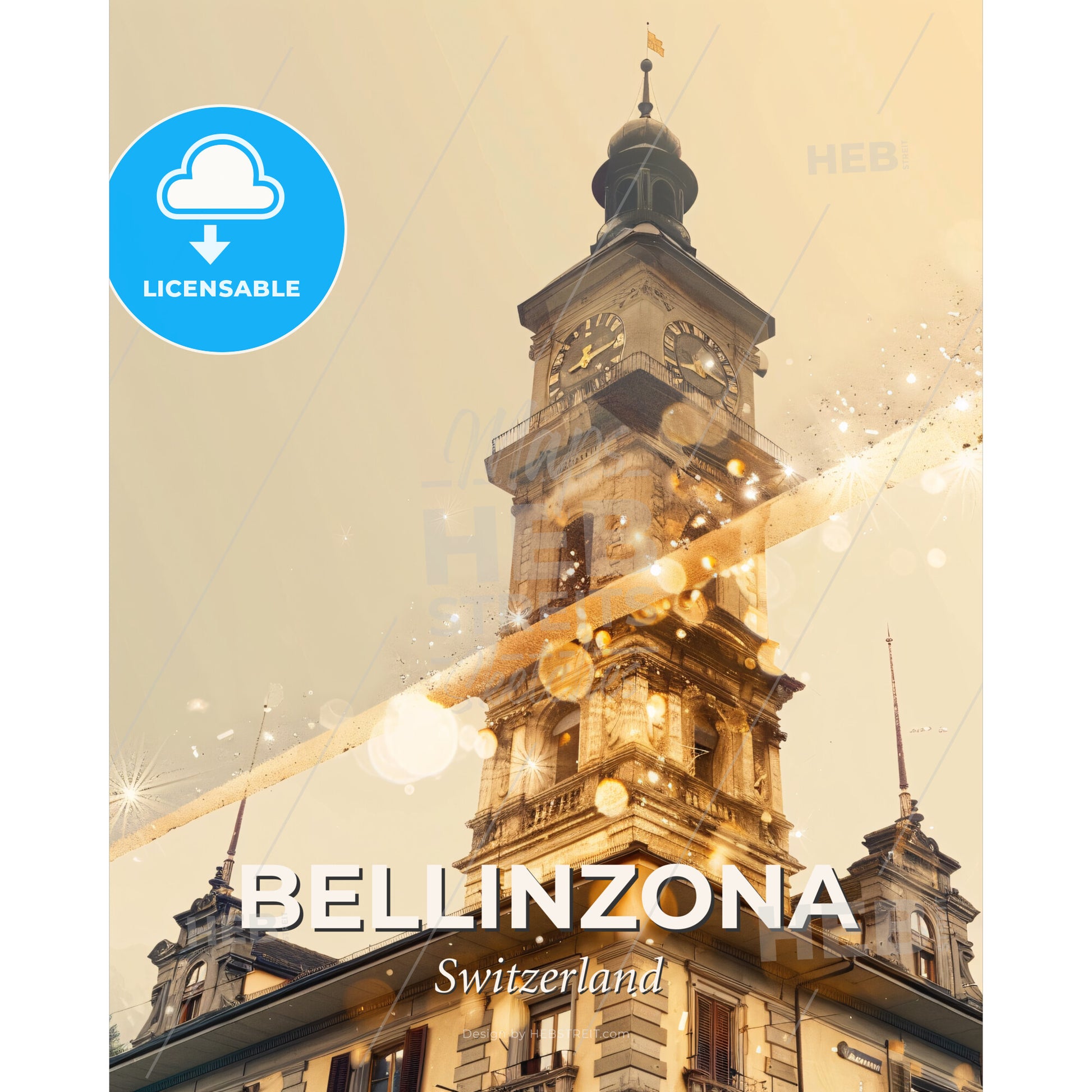 Bellinzona Skyline Composite Art: Local Icons, Bright Beige - A clock tower with a bell - Square format print template