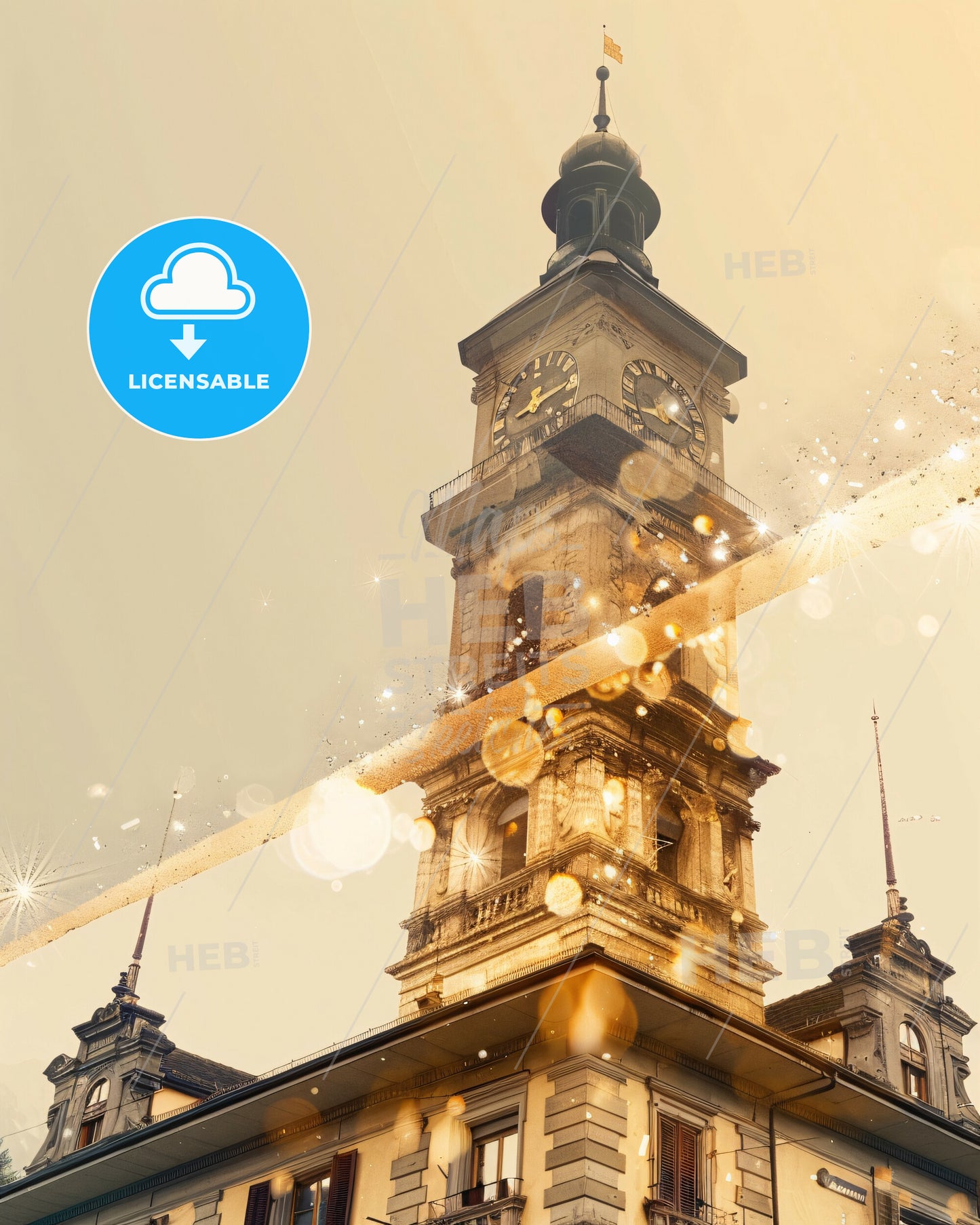 Bellinzona Skyline Composite Art: Local Icons, Bright Beige - A clock tower with a bell