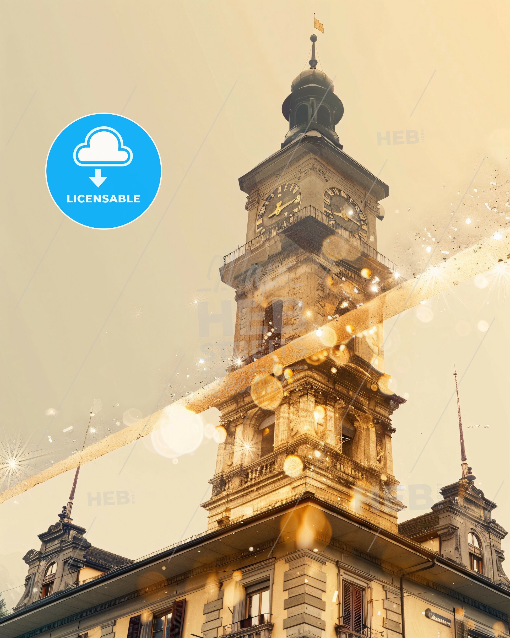 Bellinzona Skyline Composite Art: Local Icons, Bright Beige - A clock tower with a bell