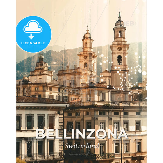 Bellinzona Skyline Composite Art Poster - A group of buildings with towers and mountains in the background - Square format print template