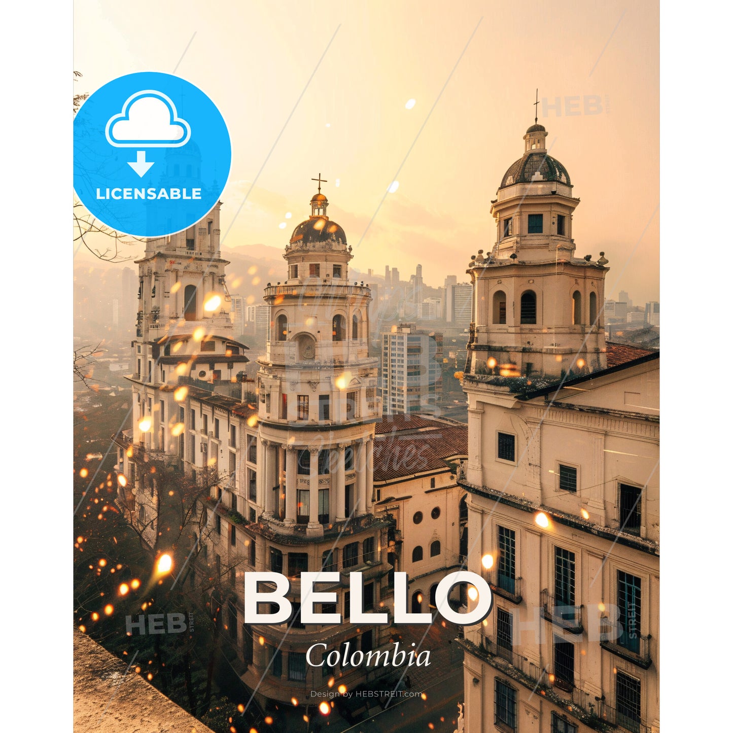 Bello City Skyline Art: Pastel Hues, Brilliant Lights - A group of buildings with towers and a city in the background - Square format print template