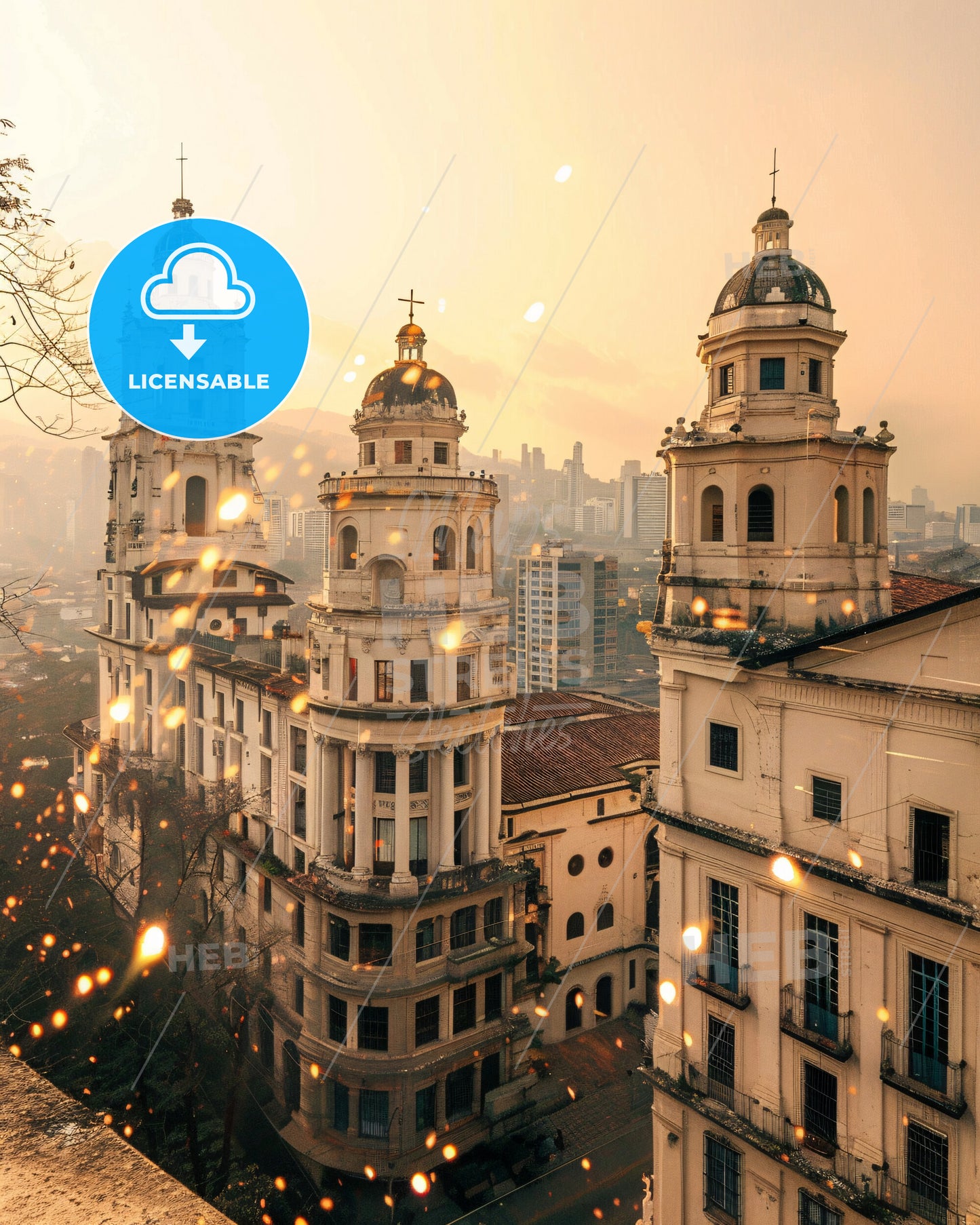 Bello City Skyline Art: Pastel Hues, Brilliant Lights - A group of buildings with towers and a city in the background