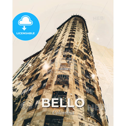 Bello, Colombia Skyline Silhouette Art - A tall building with many windows - Square format print template