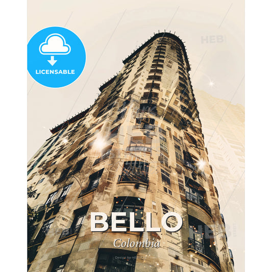 Bello, Colombia Skyline Silhouette Art - A tall building with many windows - Square format print template