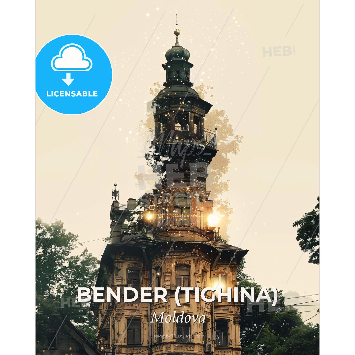 Bender Tighina City Skyline Double Exposure Poster - A building with a tower - Square format print template