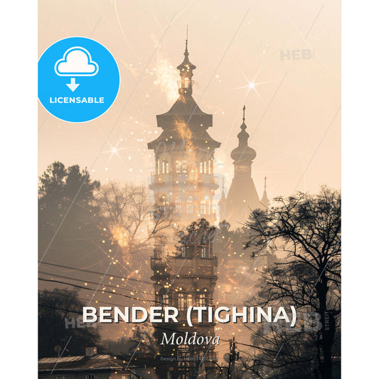 Bender City Skyline Beige Poster Art - A tall building with a tower and trees in the background - Square format print template