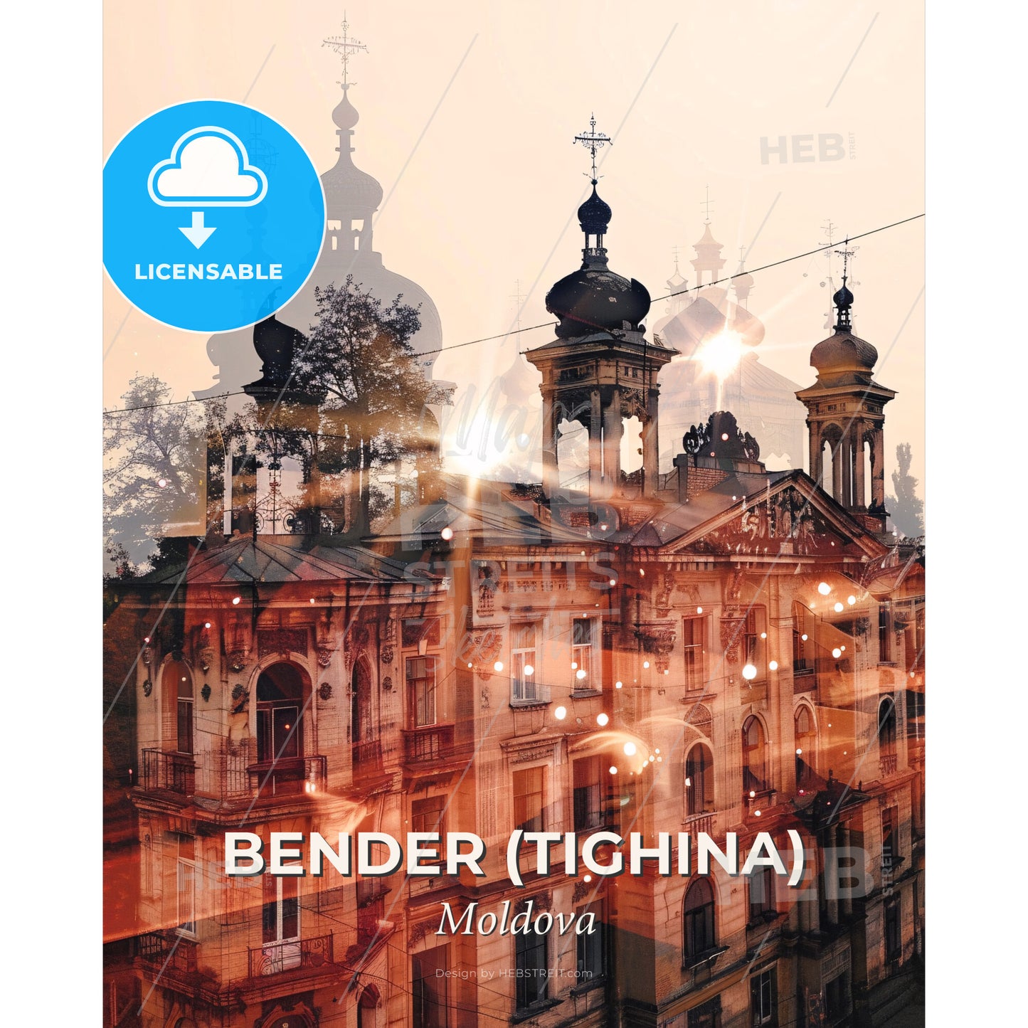 Bender (Tighina) City Skyline Composite Art - A building with a tree and a light - Square format print template