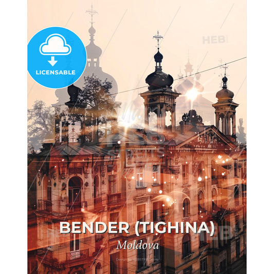 Bender (Tighina) City Skyline Composite Art - A building with a tree and a light - Square format print template
