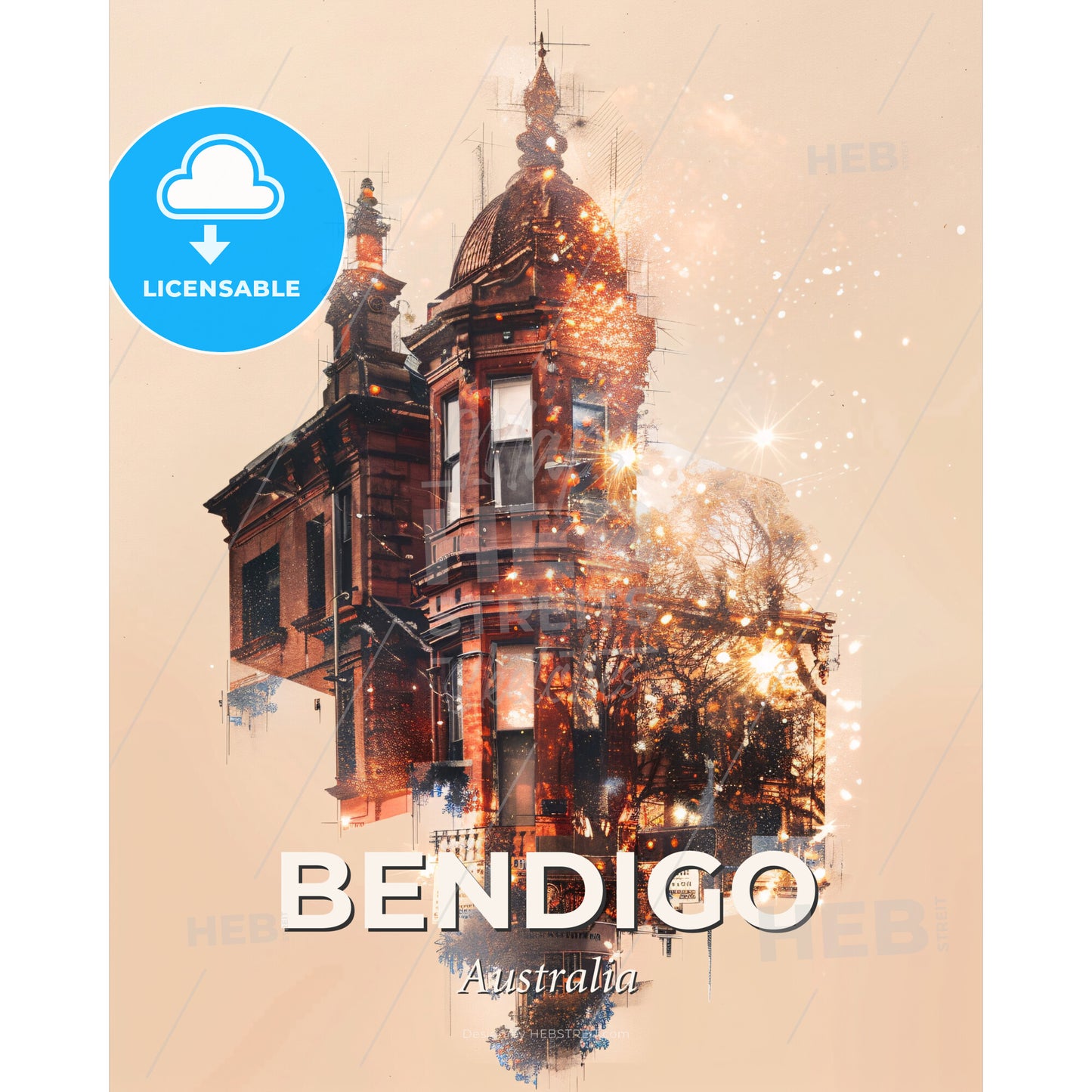 Bendigo Australia Skyline Panorama Art Poster - A double exposure of a building - Square format print template
