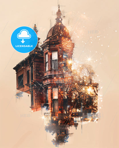 Bendigo Australia Skyline Panorama Art Poster - A double exposure of a building
