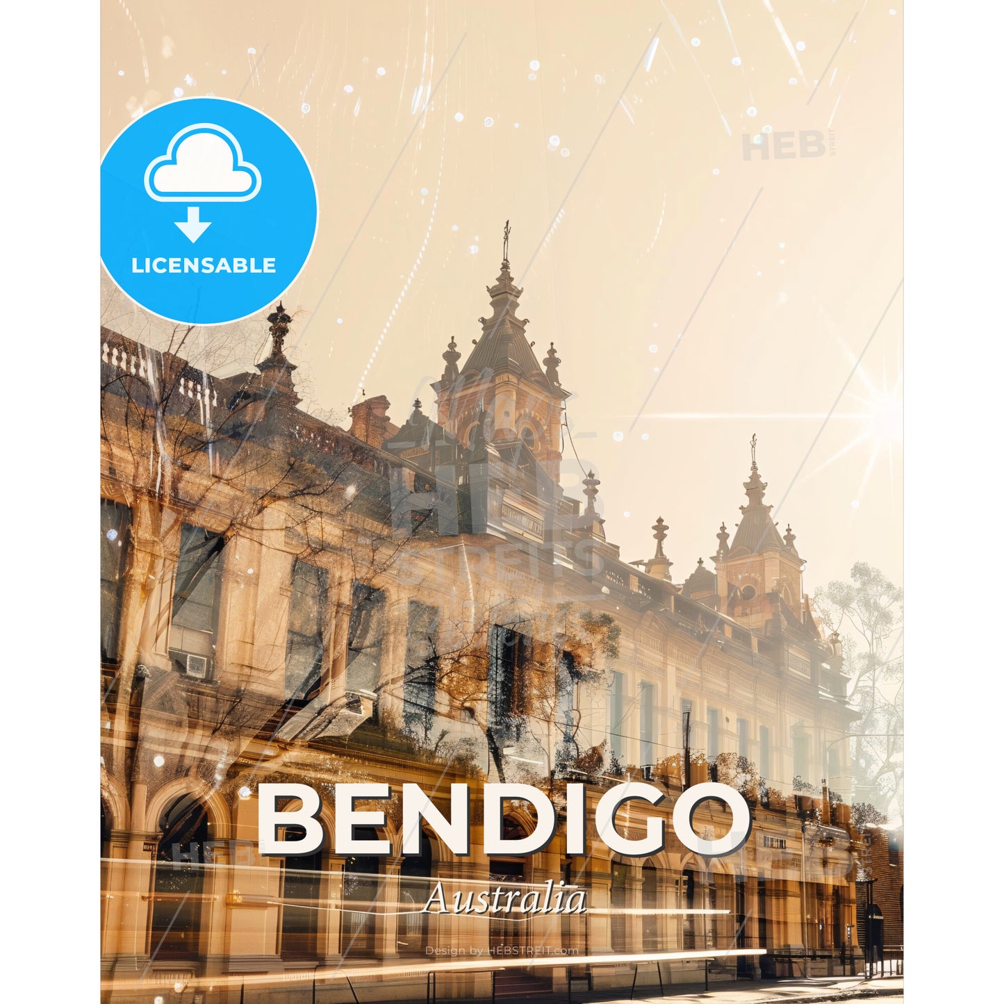 Bendigo Skyline Double Exposure City Art Print Poster - A building with a tower and a tree - Square format print template