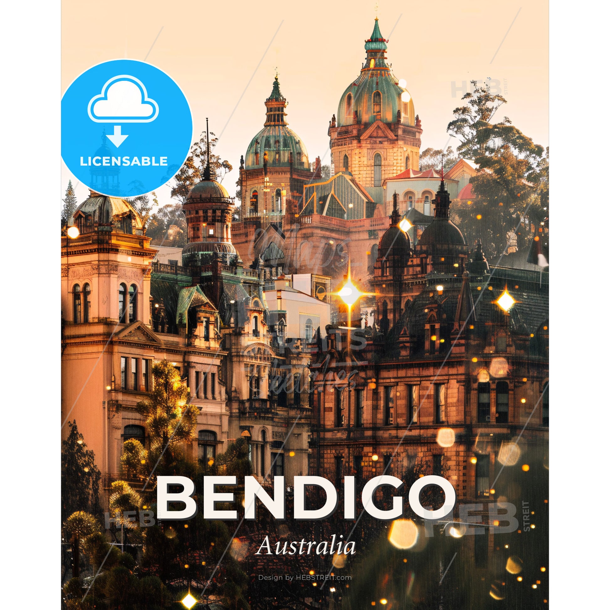 Bendigo Cityscape Double Exposure Art Poster - A large building with many towers and trees - Square format print template