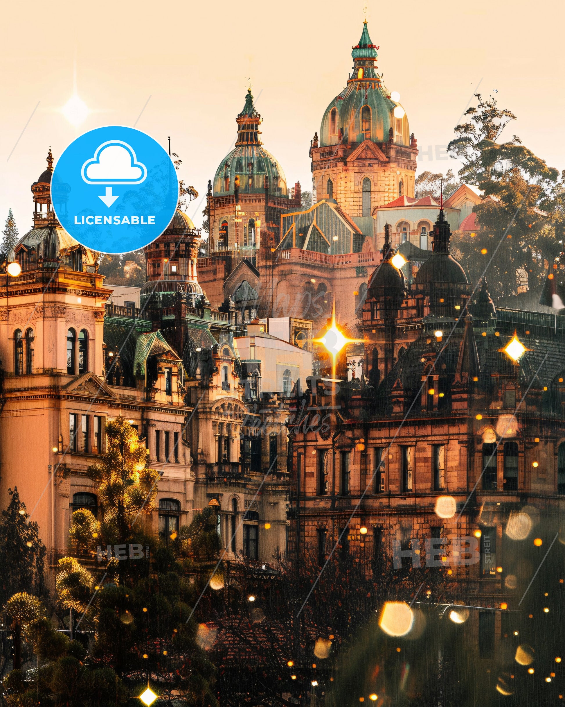 Bendigo Cityscape Double Exposure Art Poster - A large building with many towers and trees