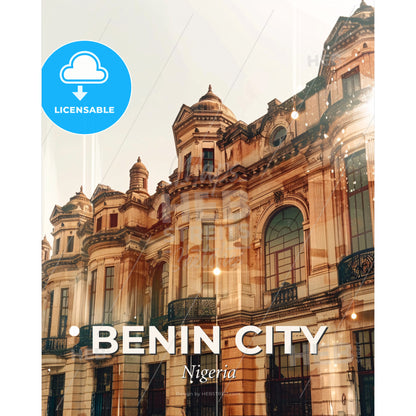 Benin City Skyline Double Exposure Art - A large building with many windows - Square format print template