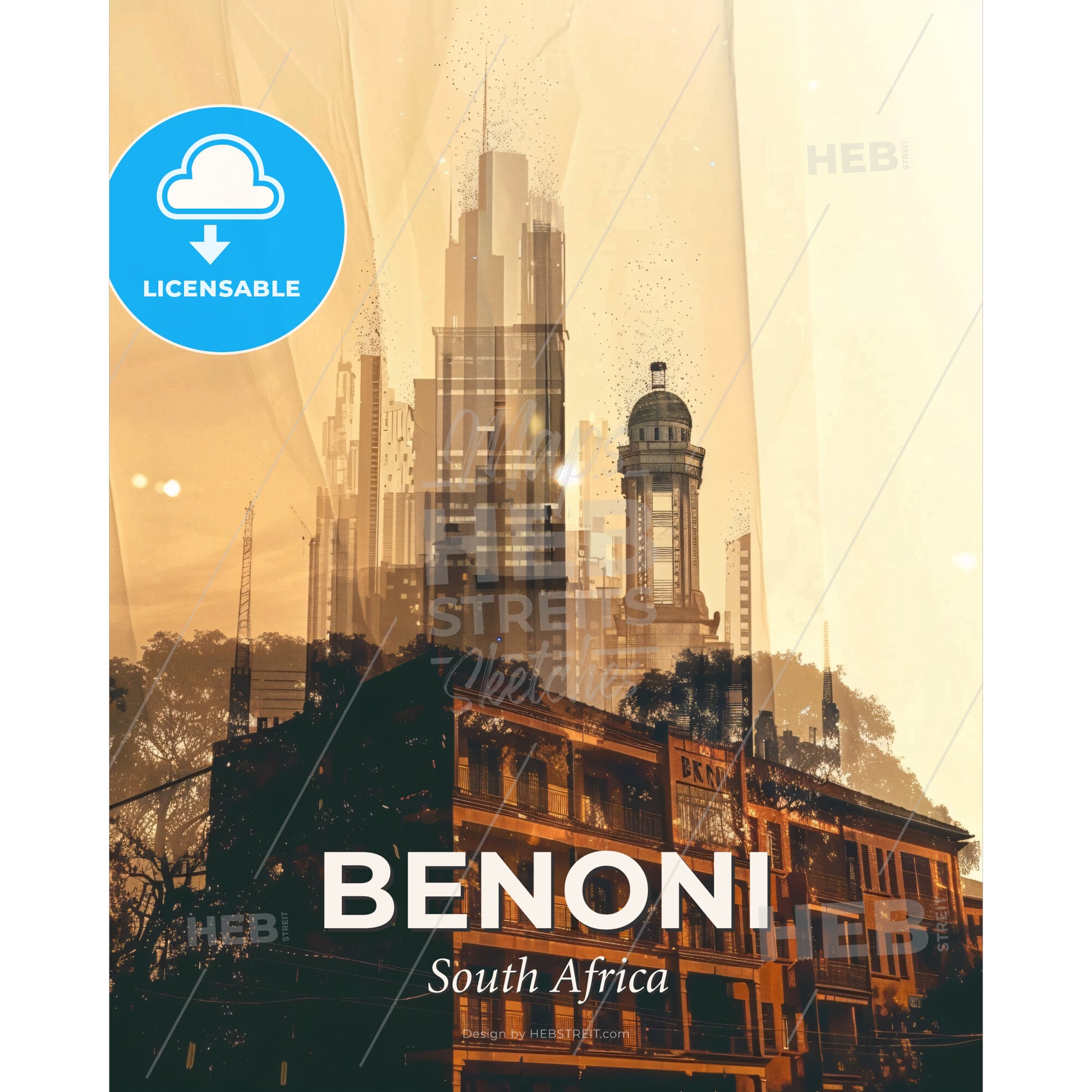 Benoni City Skyline Art Composite Postcard - A city skyline with buildings and trees - Square format print template