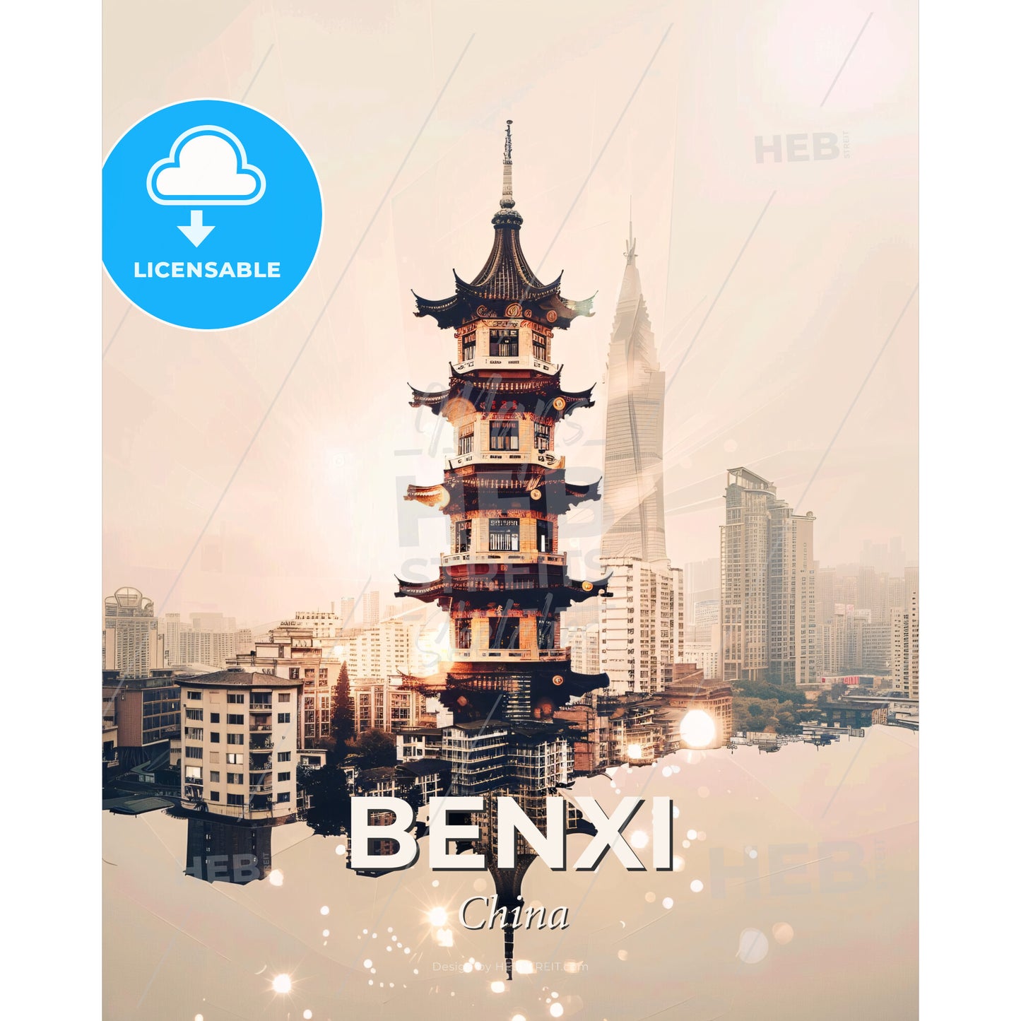 Benxi City Skyline with Icons Poster Art - A tall building with a tower in the middle of a city - Square format print template