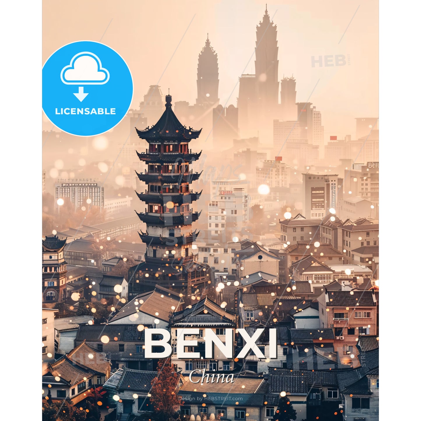 Benxi China Skyline Glow Poster Art - A city with a tall tower - Square format print template